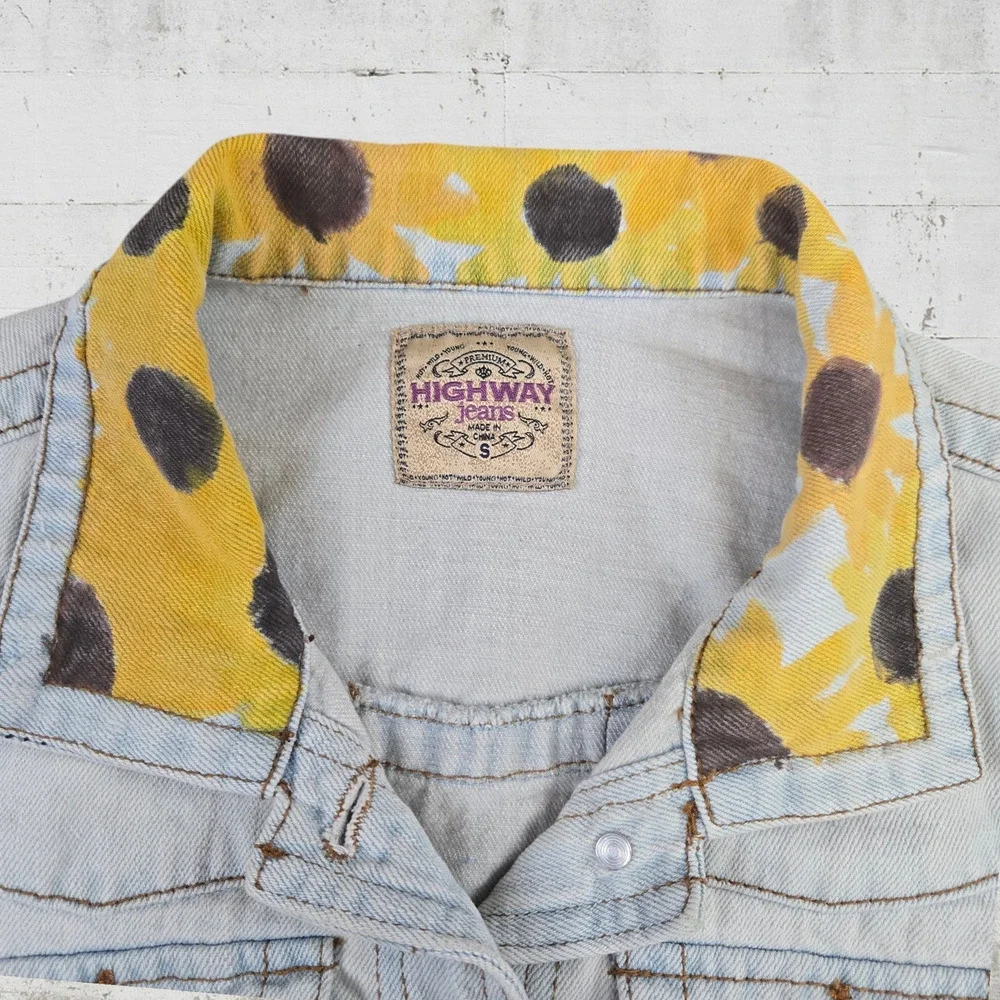 Y2K Light Acid Wash Hand Painted Sunflower Highway Jeans Denim Jacket Size Small
